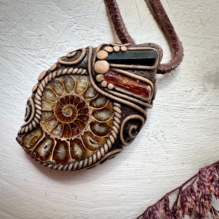 Ammonite Black Tourmaline and Imperial Topaz Pendant Necklace - FairyGardenGlow