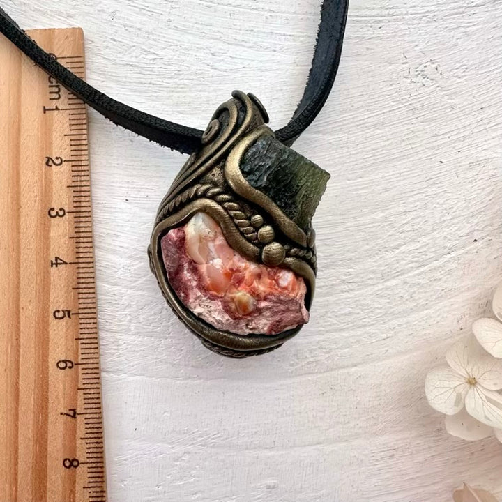 Mexican Fire Opal and Moldavite Pendant Necklace - FairyGardenGlow