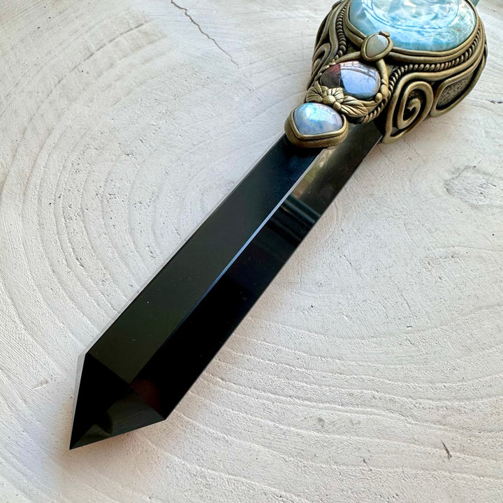 XL crystal wand with Black Obsidian, Aqua Aura Quartz, Larimar, Labradorite, Rainbow Moonstone, Amethyst and Australian Opal.