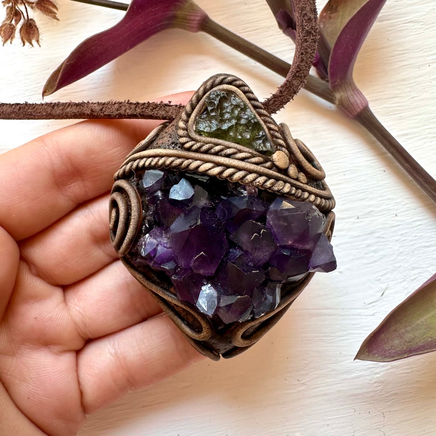 Amethyst Cluster and Moldavite Pendant Necklace - FairyGardenGlow