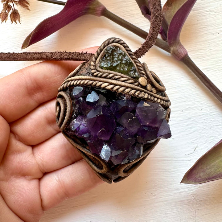 Amethyst Cluster and Moldavite Pendant Necklace - FairyGardenGlow
