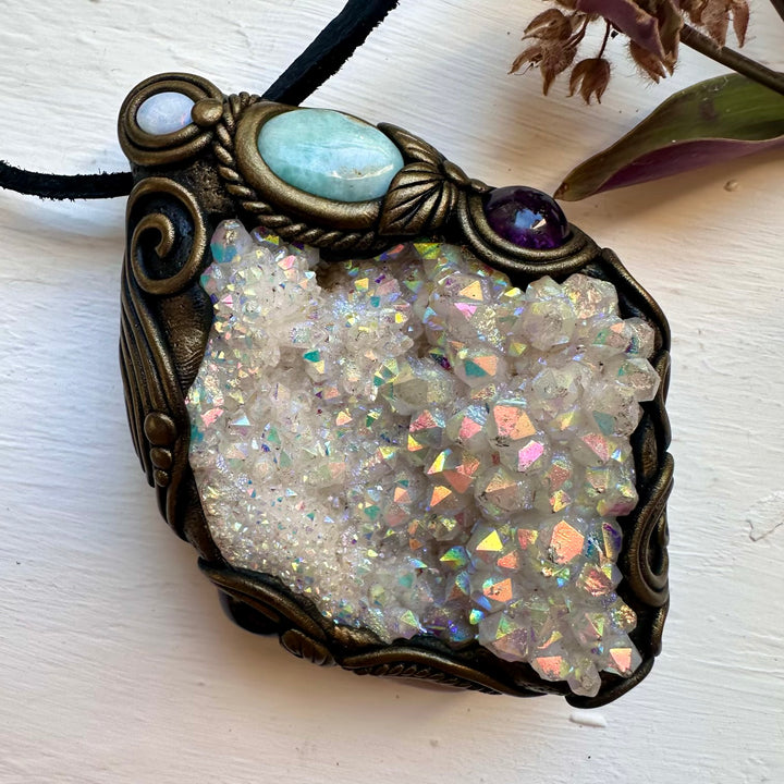 Angel Aura Quartz Cluster Larimar Amethyst Morganite and Australian Opal Wand / Pendant - FairyGardenGlow