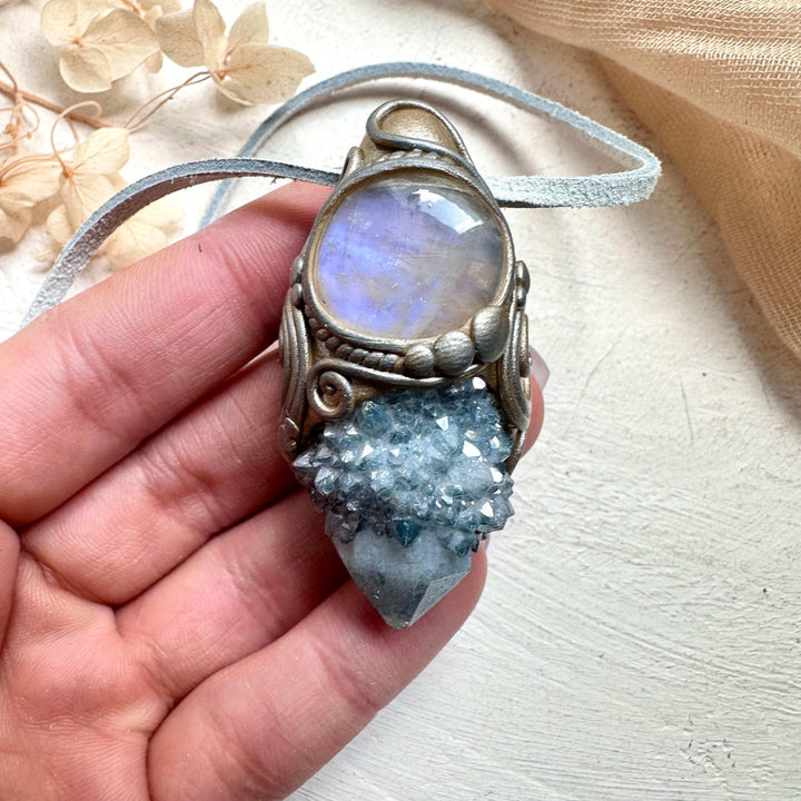 Aqua Aura Spirit Quartz and Moonstone Necklace - FairyGardenGlow