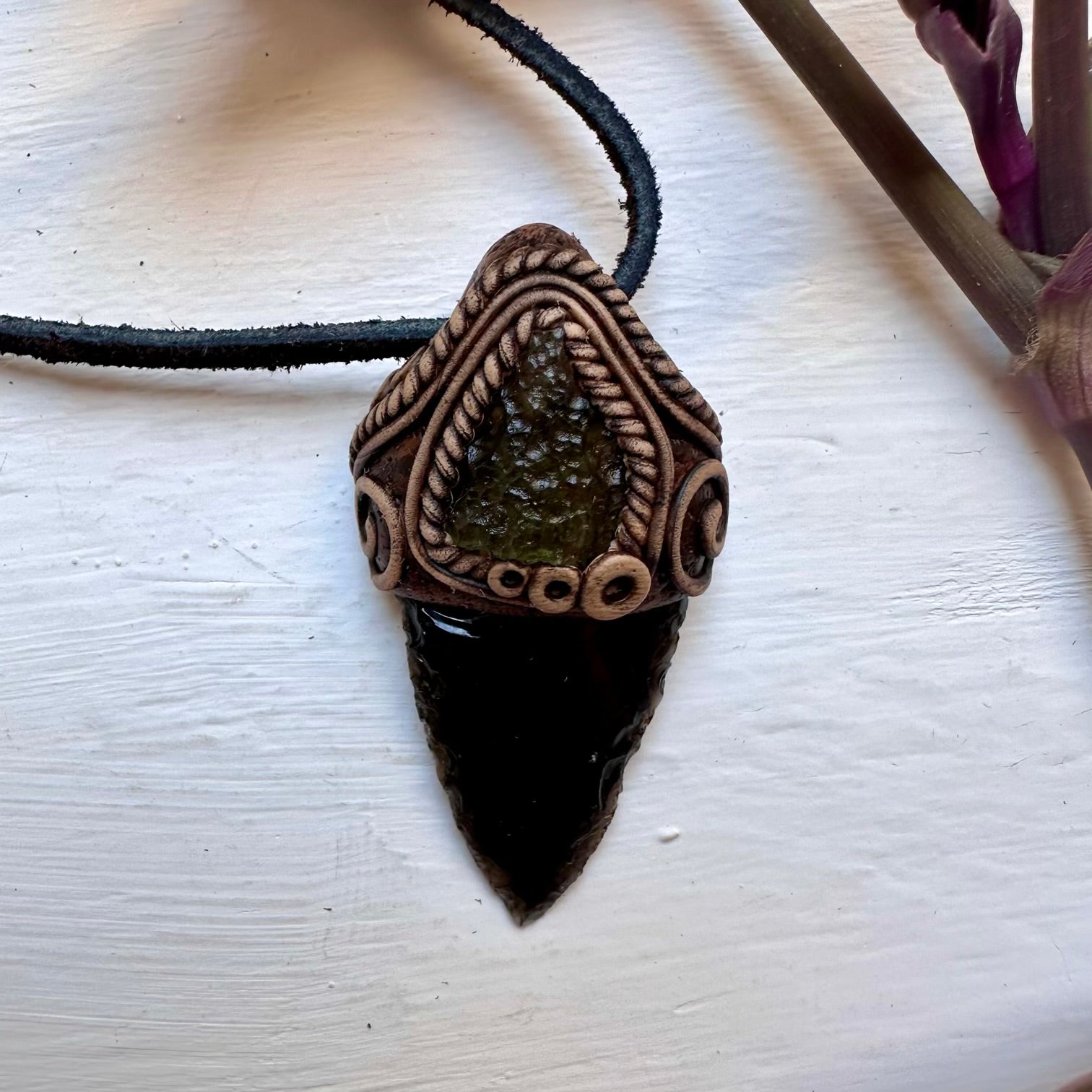 Black Obsidian Arrowhead and Moldavite Necklace - FairyGardenGlow
