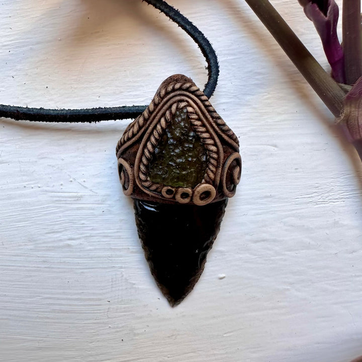 Black Obsidian Arrowhead and Moldavite Necklace - FairyGardenGlow