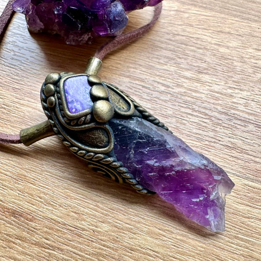 Raw Purple Fluorite and Charoite Pendant Necklace, Spiritual Handmade Jewelry - FairyGardenGlow