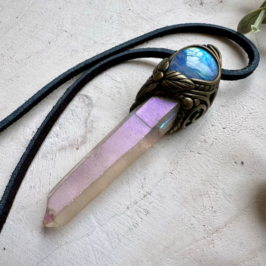 Angel Aura Quartz and Rainbow Moonstone Necklace, Healing Crystal Jewelry