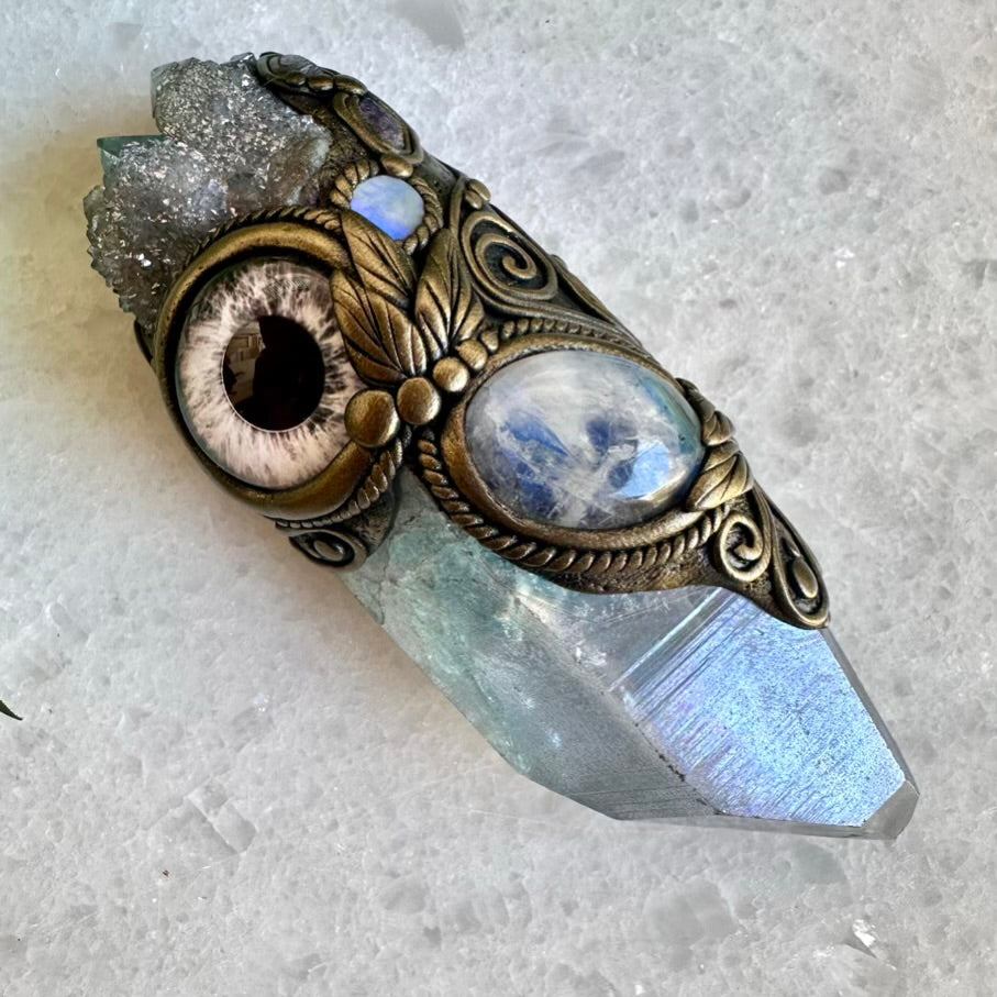 Aqua Aura Quartz Rainbow Moonstone Aqua Aura Spirit Quartz Australian Opal and Tanzanite Third Eye Healing Crystal Wand - FairyGardenGlow