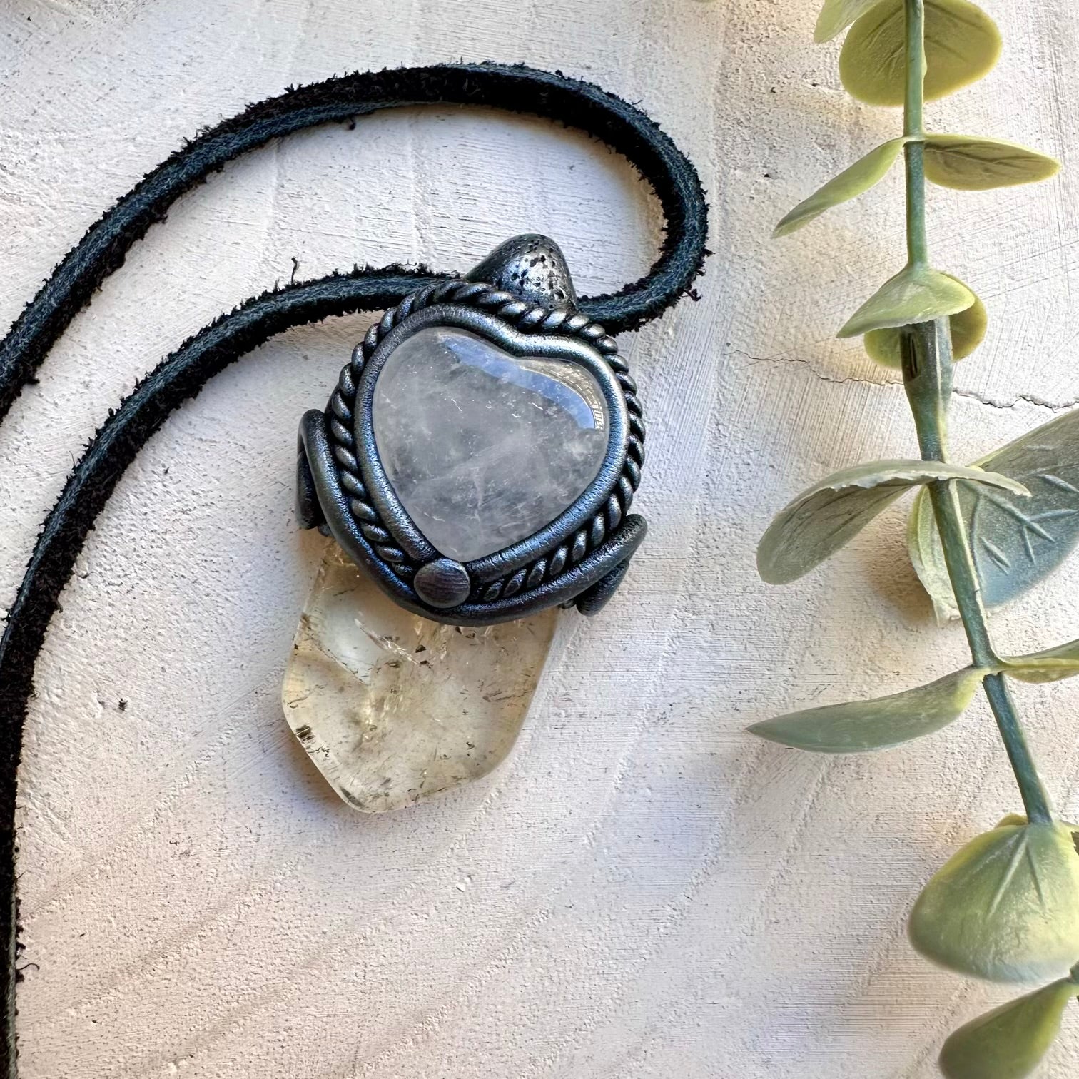 Handmade necklace featuring citrine and a clear quartz heart