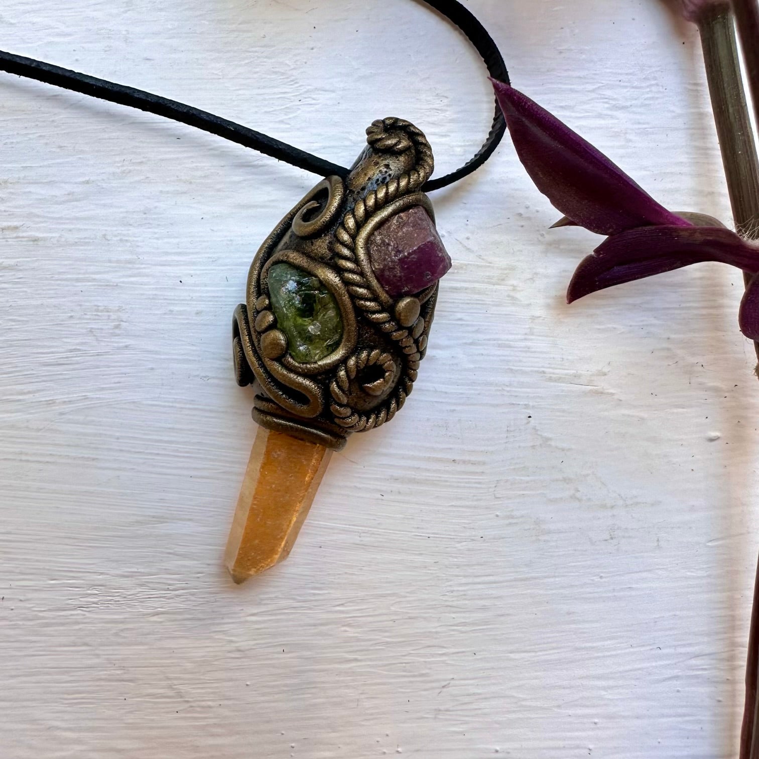 Tangerine Aura Quartz Peridot and Ruby Necklace - FairyGardenGlow