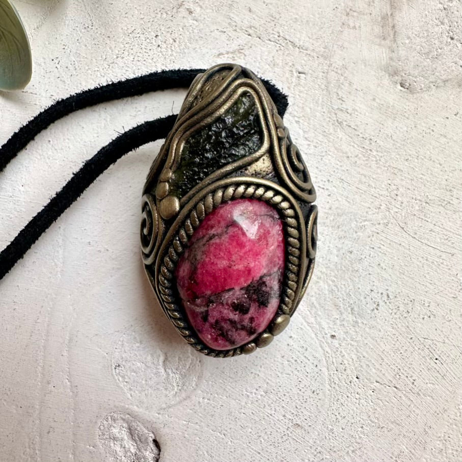 Rhodonite and Raw Moldavite Pendant Necklace