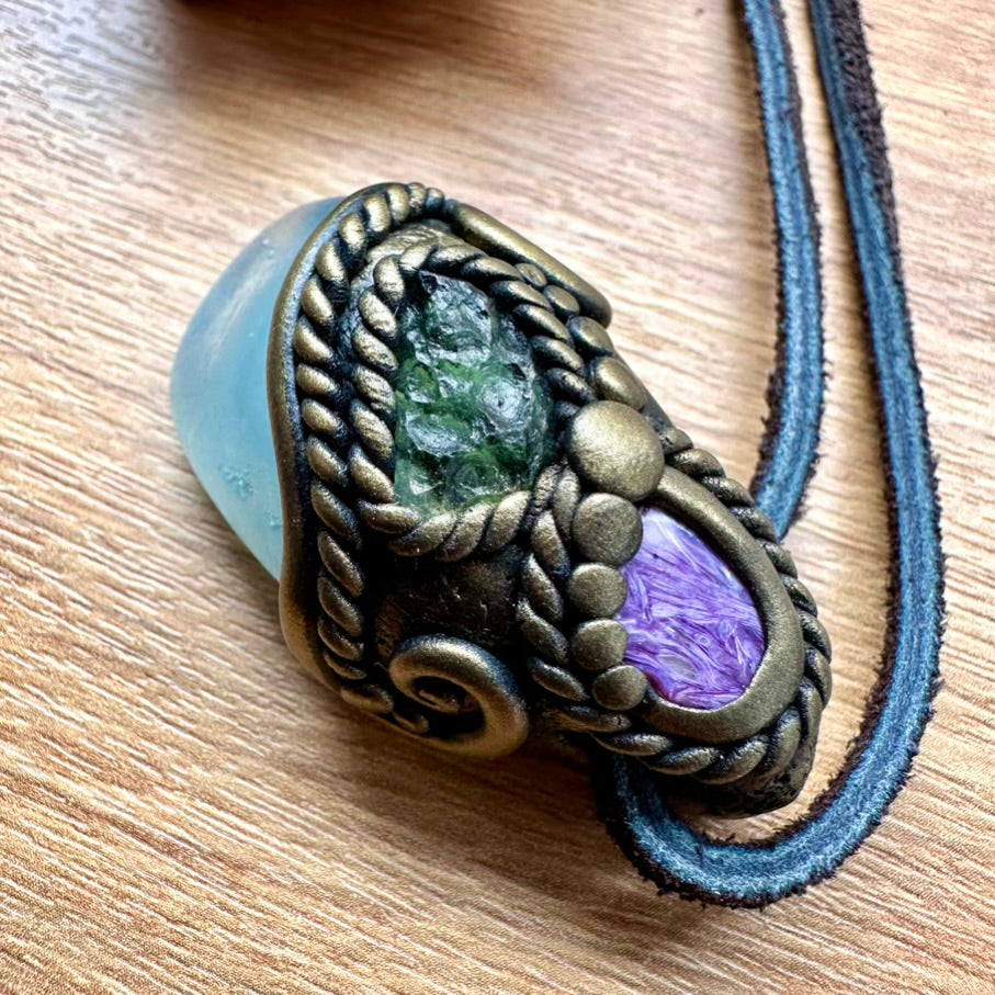 Aquamarine Charoite and Moldavite Necklace, Handmade Crystal Jewelry - FairyGardenGlow
