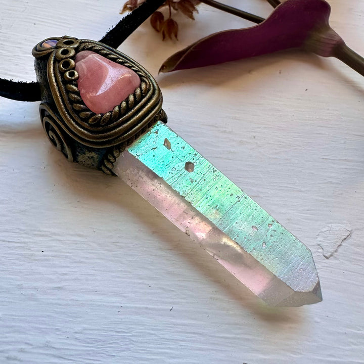 Angel Aura Quartz Rhodochrosite and Australian Opal Necklace - FairyGardenGlow
