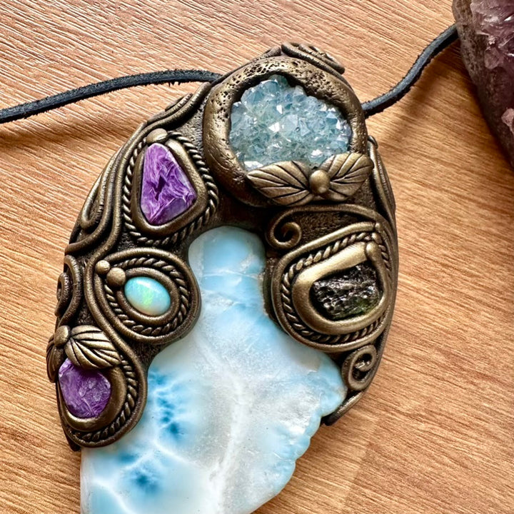 Large Larimar, Aqua Aura Quartz Cluster, Charoite, Australian Opal and Moldavite Healing Crystal Talisman – Spiritual Jewelry for Meditation & Energy Work - FairyGardenGlow