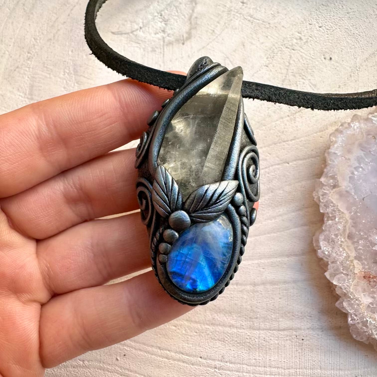 Lemurian Seed Quartz and Rainbow Moonstone Pendant Necklace