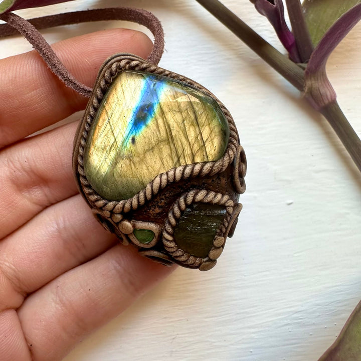 Labradorite Moldavite and Emerald Necklace - FairyGardenGlow