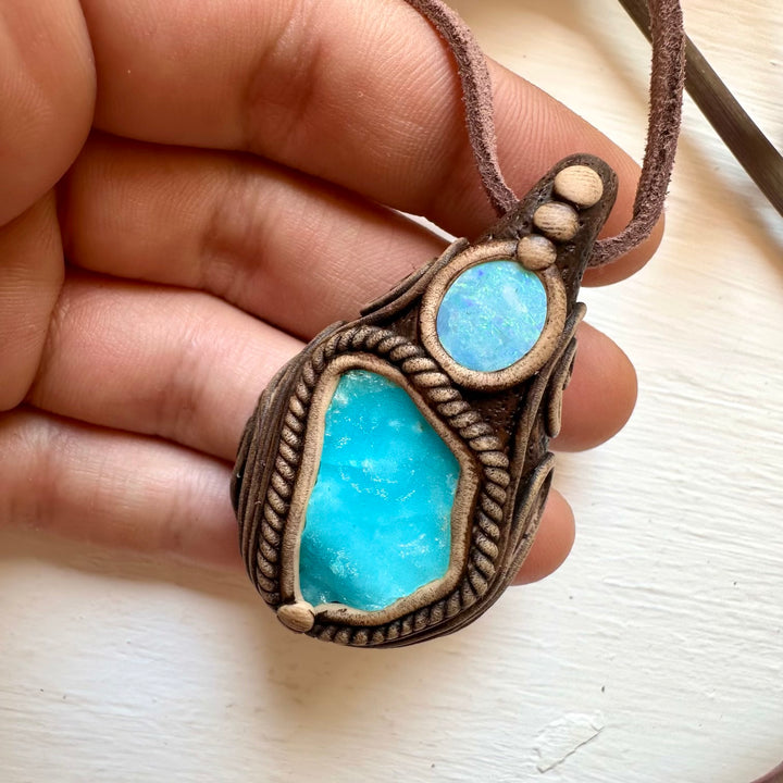 Blue Hemimorphite and Australian Opal Doublet Necklace - FairyGardenGlow