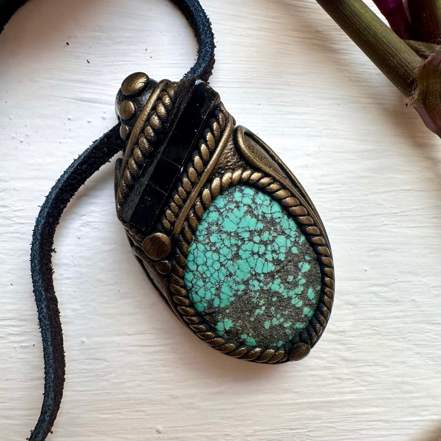 Turquoise and Black Tourmaline Pendant Necklace - FairyGardenGlow