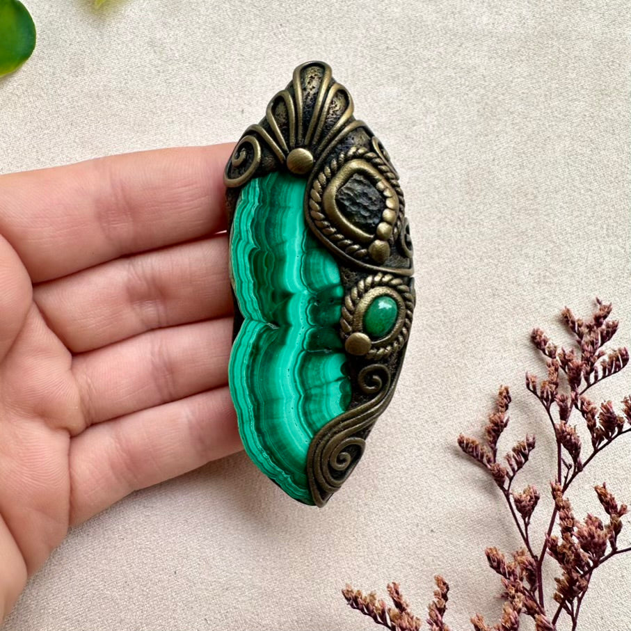 Handmade Crystal Necklace with Malachite Slice, Genuine Raw Moldavite, and Ethiopian Opal