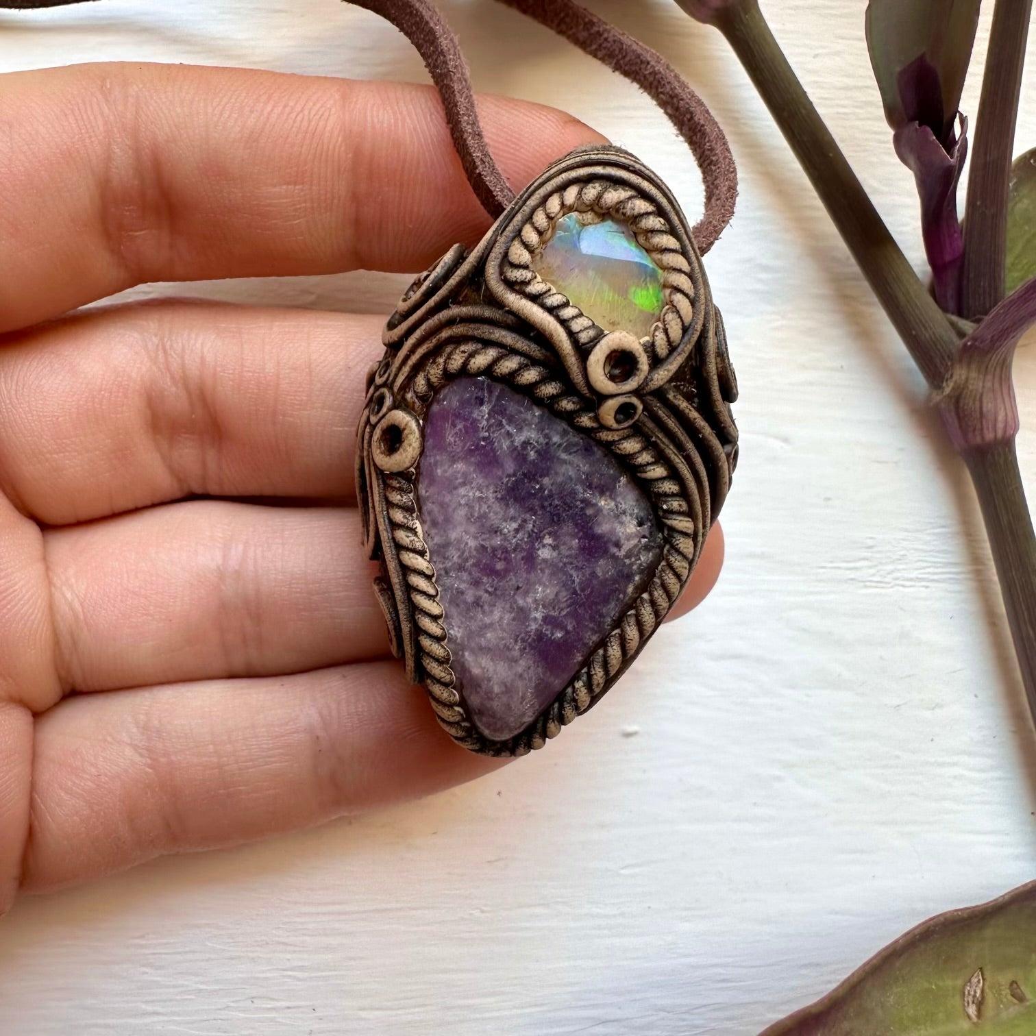 Lepidolite and Raw Opal Necklace - FairyGardenGlow