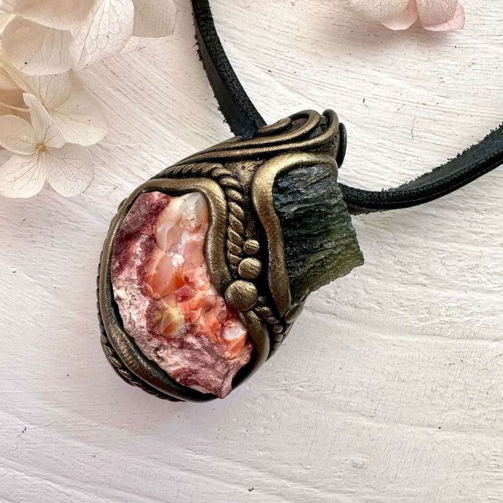 Mexican Fire Opal and Moldavite Pendant Necklace - FairyGardenGlow