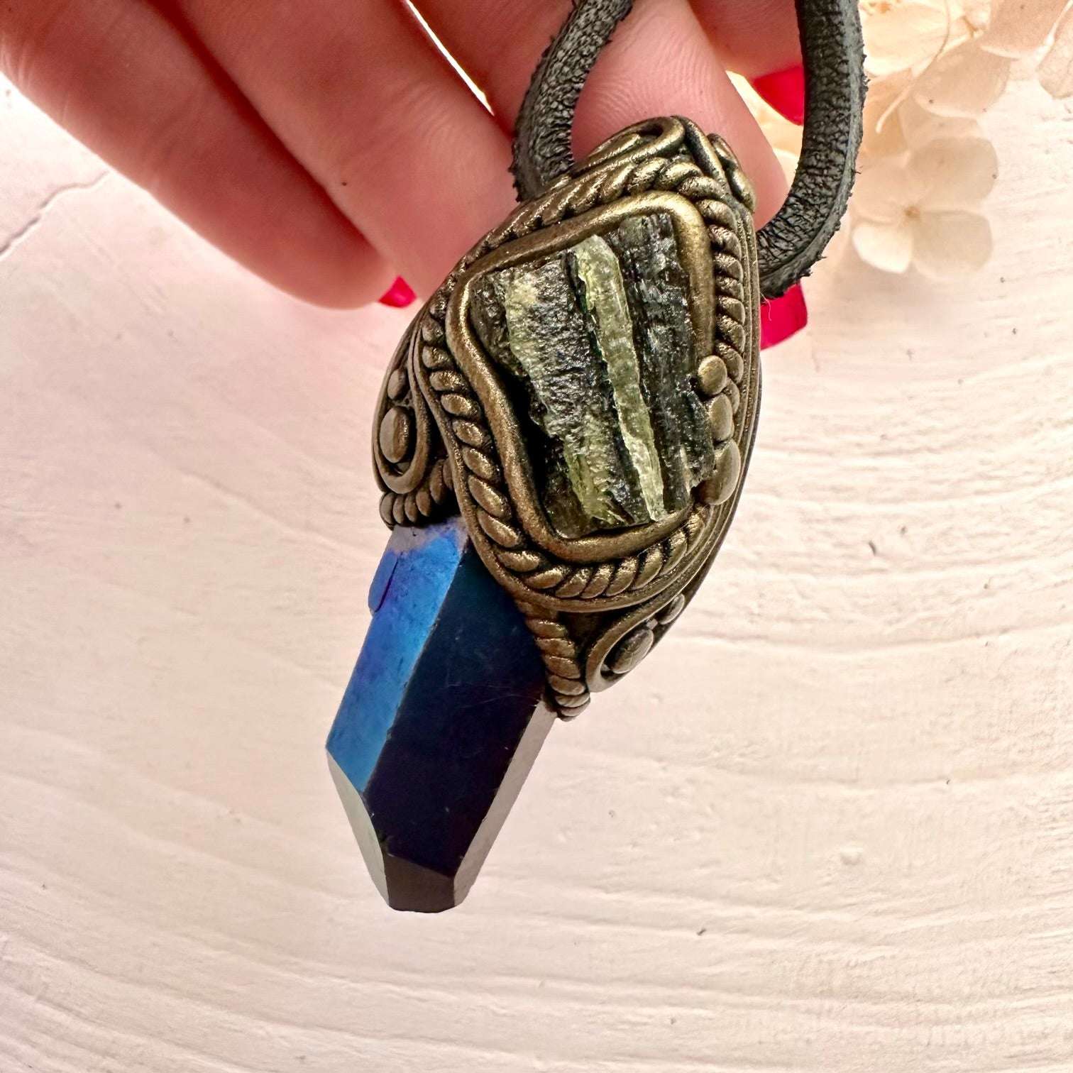 Cobalt Aura Quartz and Moldavite Pendant Necklace - FairyGardenGlow