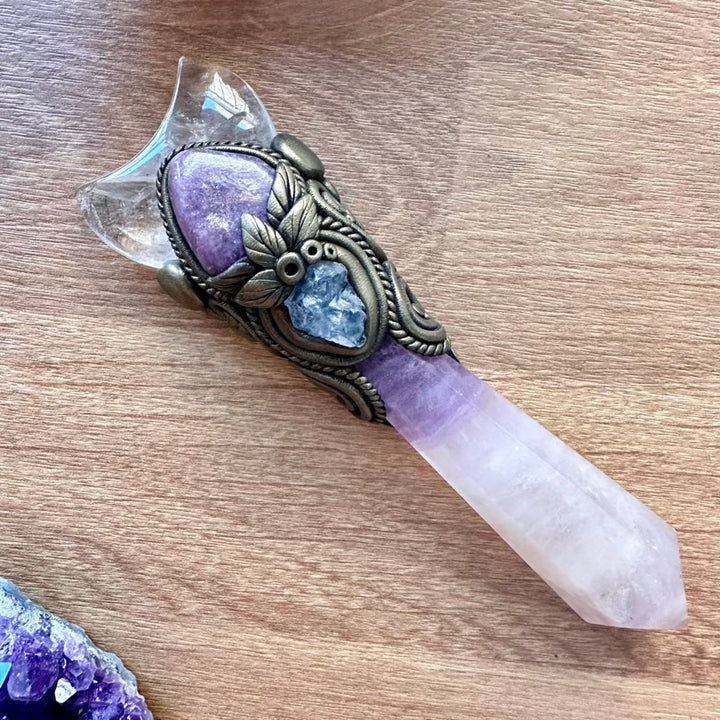 Lavender Fluorite Wand, Clear Quartz Moon, Lepidolite and Celestite Handmade Crystal Wand - FairyGardenGlow