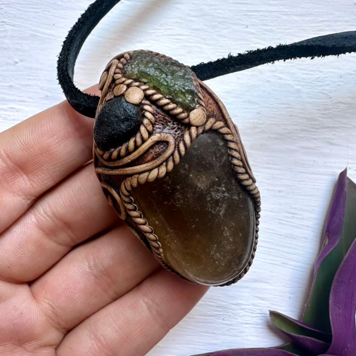 Citrine Moldavite and Black Tektite Necklace, Healing Crystal Jewelry - FairyGardenGlow