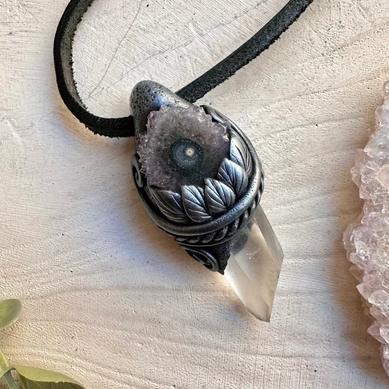 Lemurian Seed Quartz and Amethyst Stalactite Pendant Necklace