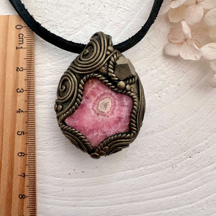 Rhodochrosite and Pyrite Pendant Necklace - FairyGardenGlow