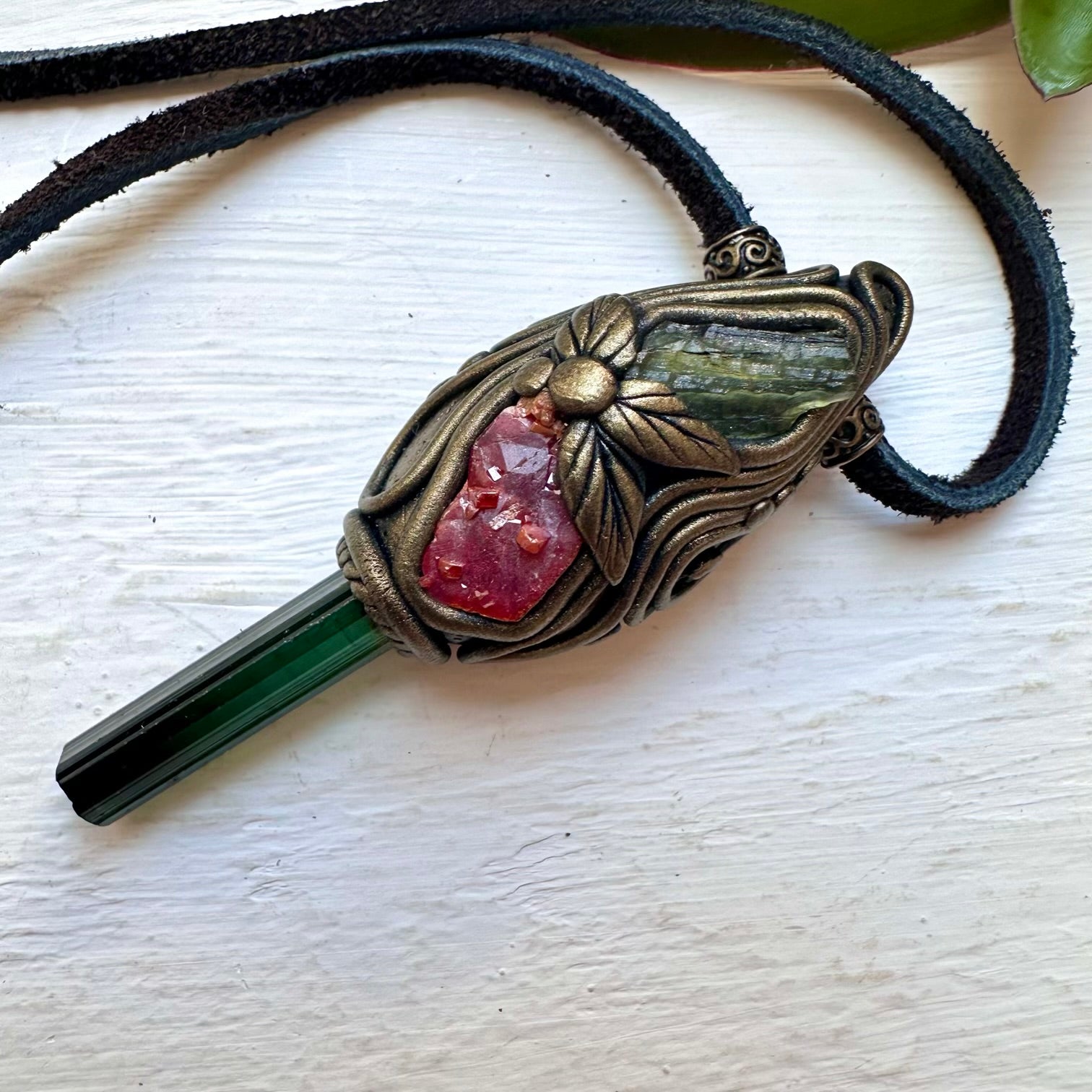 Blue-Green Tourmaline Vanadinite and Moldavite Necklace, Healing Crystal Jewelry - FairyGardenGlow