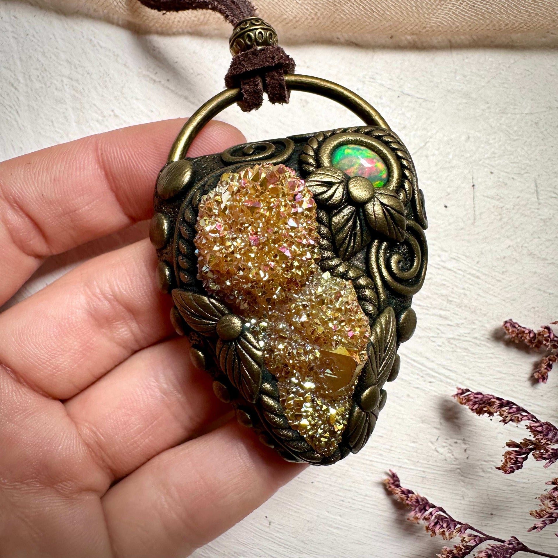 Sunset Aura Spirit Quartz and Ethiopian Opal Necklace - FairyGardenGlow