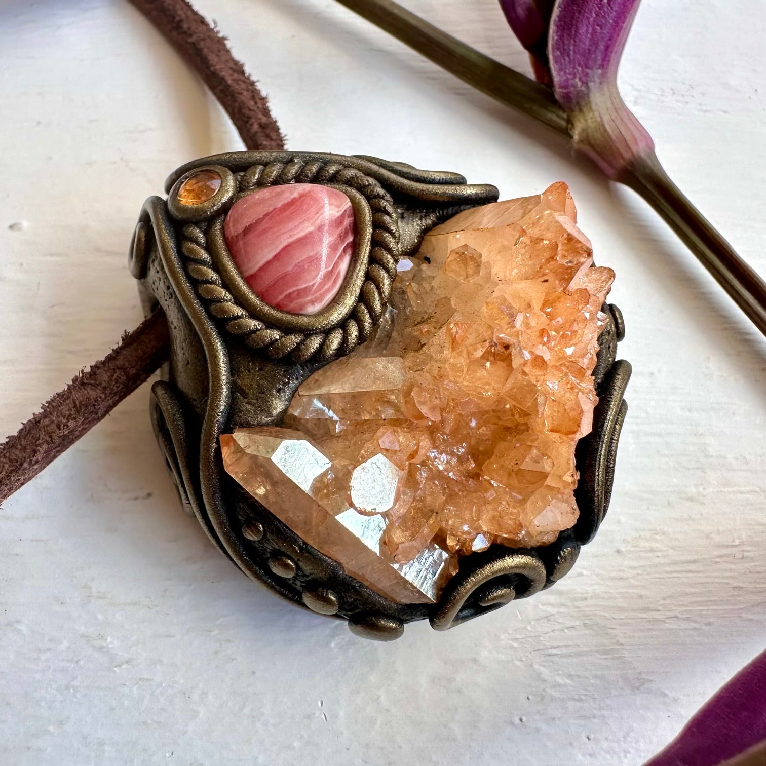 Tangerine Aura Quartz Cluster Rhodochrosite and Imperial Topaz Necklace - FairyGardenGlow