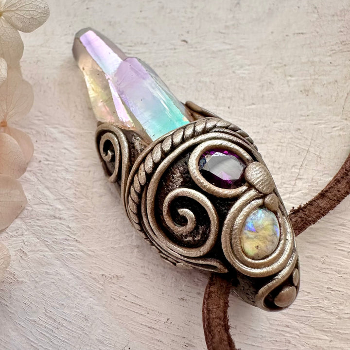 Angel Aura Quartz Cluster Amethyst and Australian Opal Necklace - FairyGardenGlow