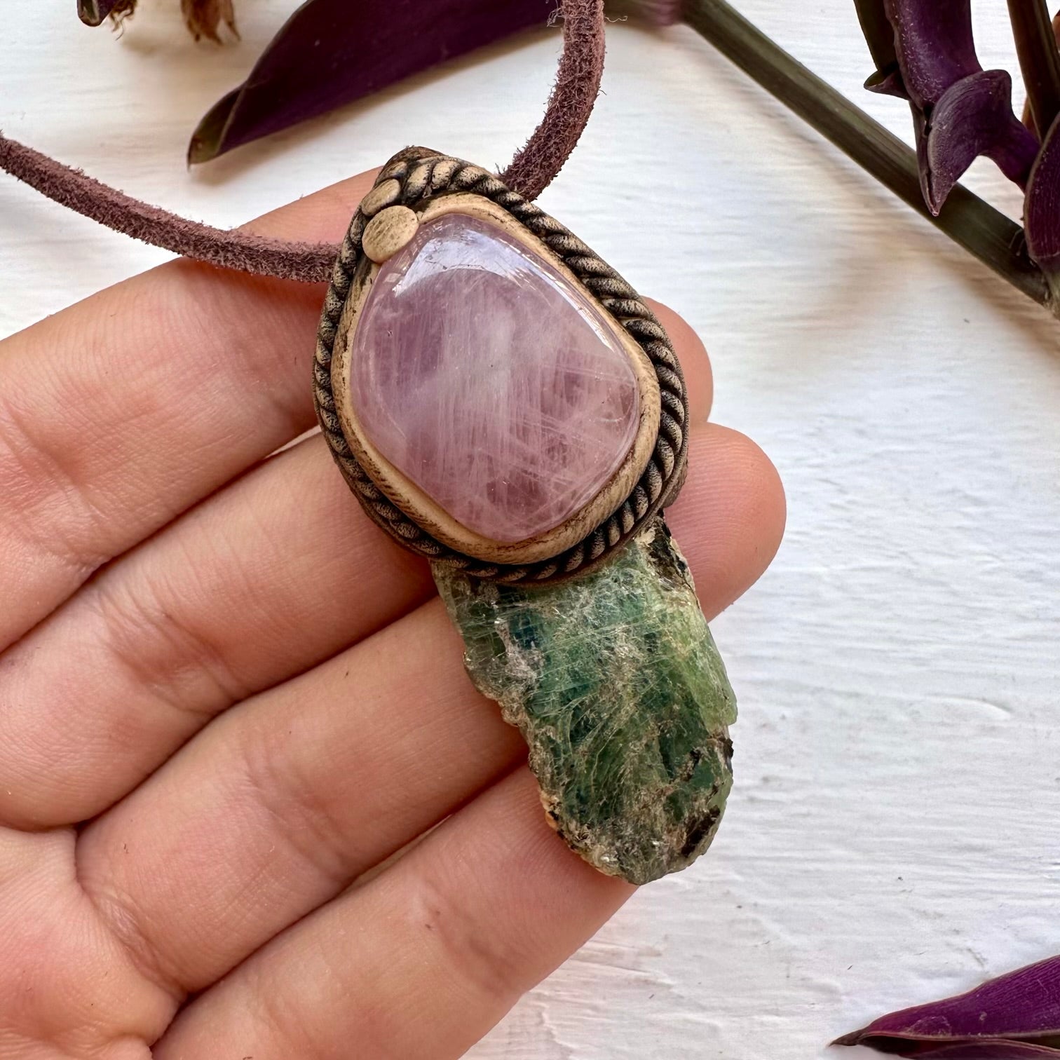 Green Kyanite and Lavender Quartz Necklace - FairyGardenGlow