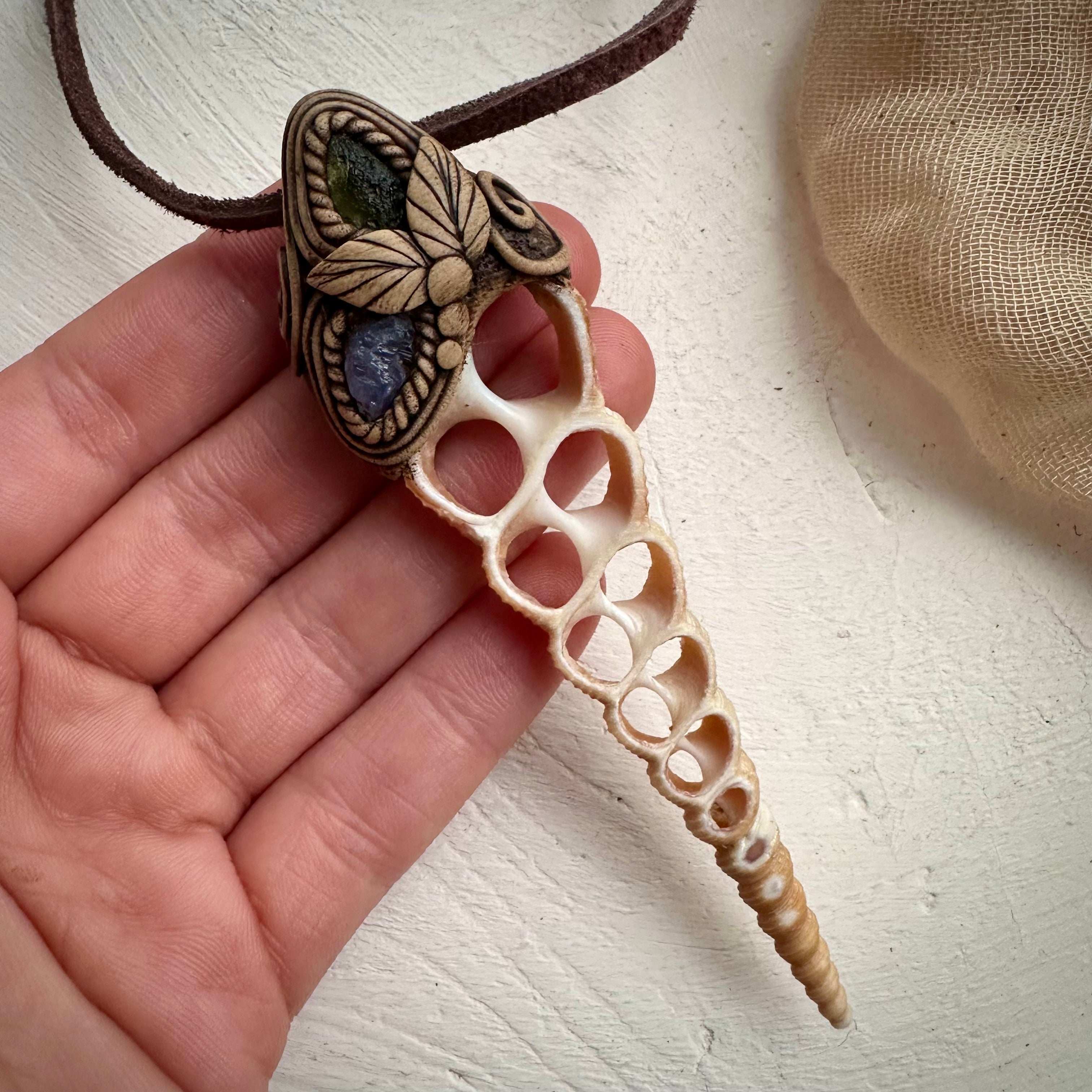 Moldavite and Tanzanite Seashell Necklace - FairyGardenGlow