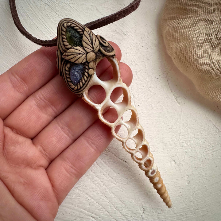 Moldavite and Tanzanite Seashell Necklace - FairyGardenGlow