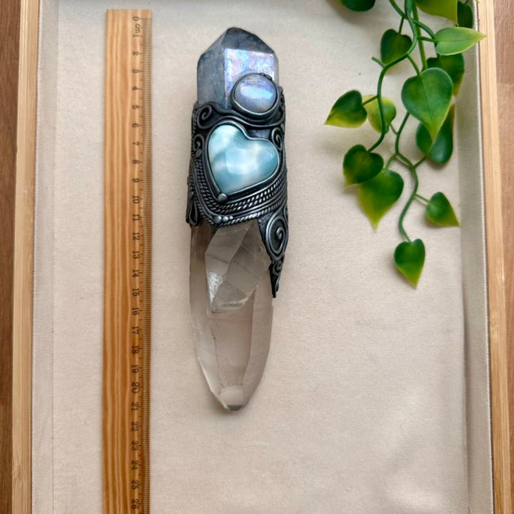 Large Healing Crystal Wand with Lemurian Seed Quartz, Aqua Aura Quartz, Larimar Heart and Rainbow Moonstone FairyGardenGlow