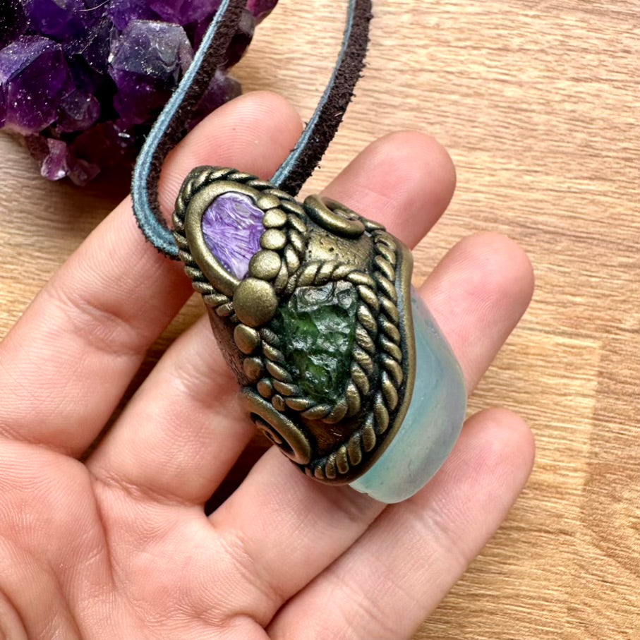 Aquamarine Charoite and Moldavite Necklace, Handmade Crystal Jewelry - FairyGardenGlow