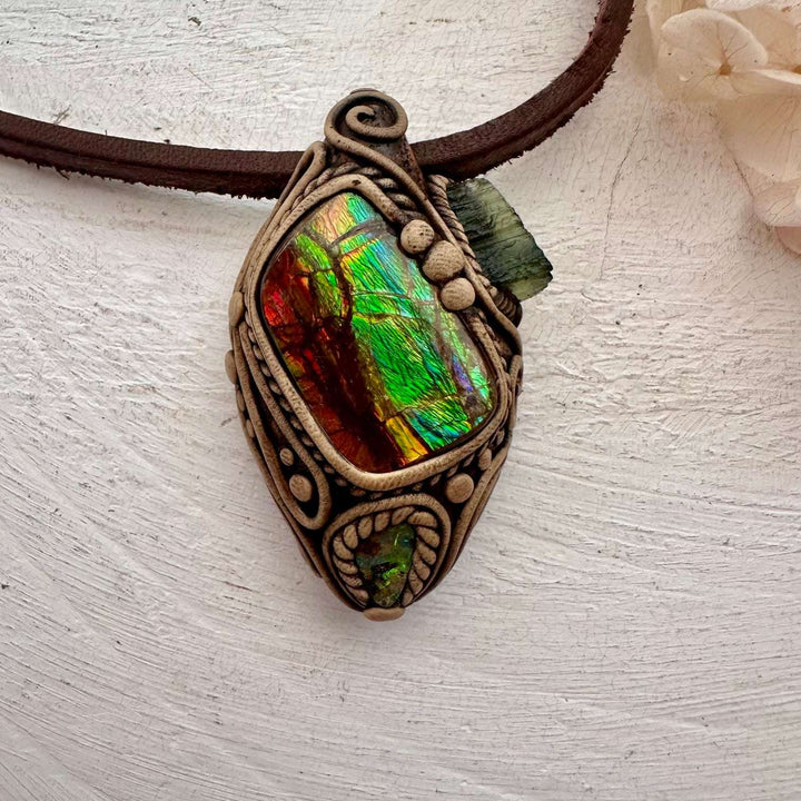 Ammolite Boulder Opal and Moldavite Necklace - FairyGardenGlow