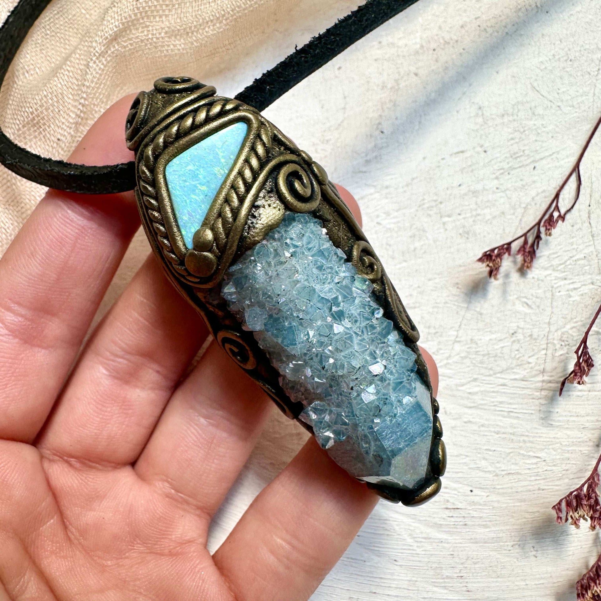 Aqua Aura Spirit Quartz and Australian Opal Doublet Necklace - FairyGardenGlow
