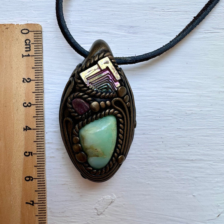 Chrysoprase Bismuth and Ruby Necklace - FairyGardenGlow