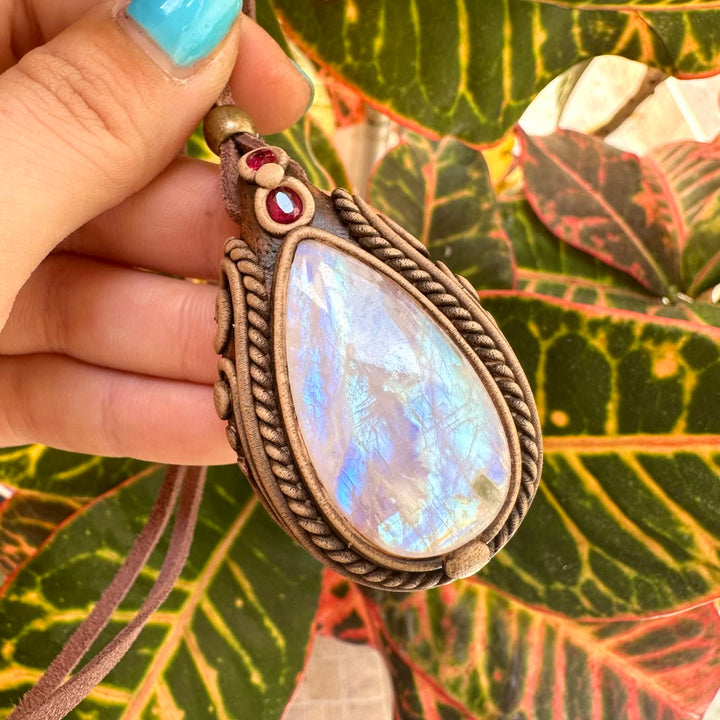 Rainbow Moonstone and Ruby Necklace - FairyGardenGlow