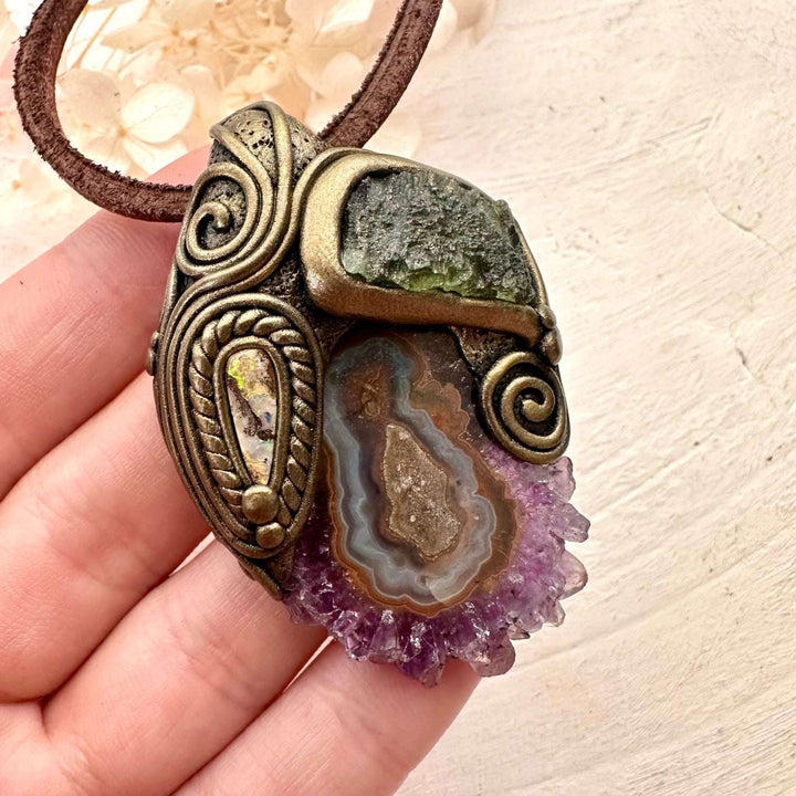 Amethyst Stalactite Moldavite and Boulder Opal Pendant, Handmade Crystal Necklace - FairyGardenGlow