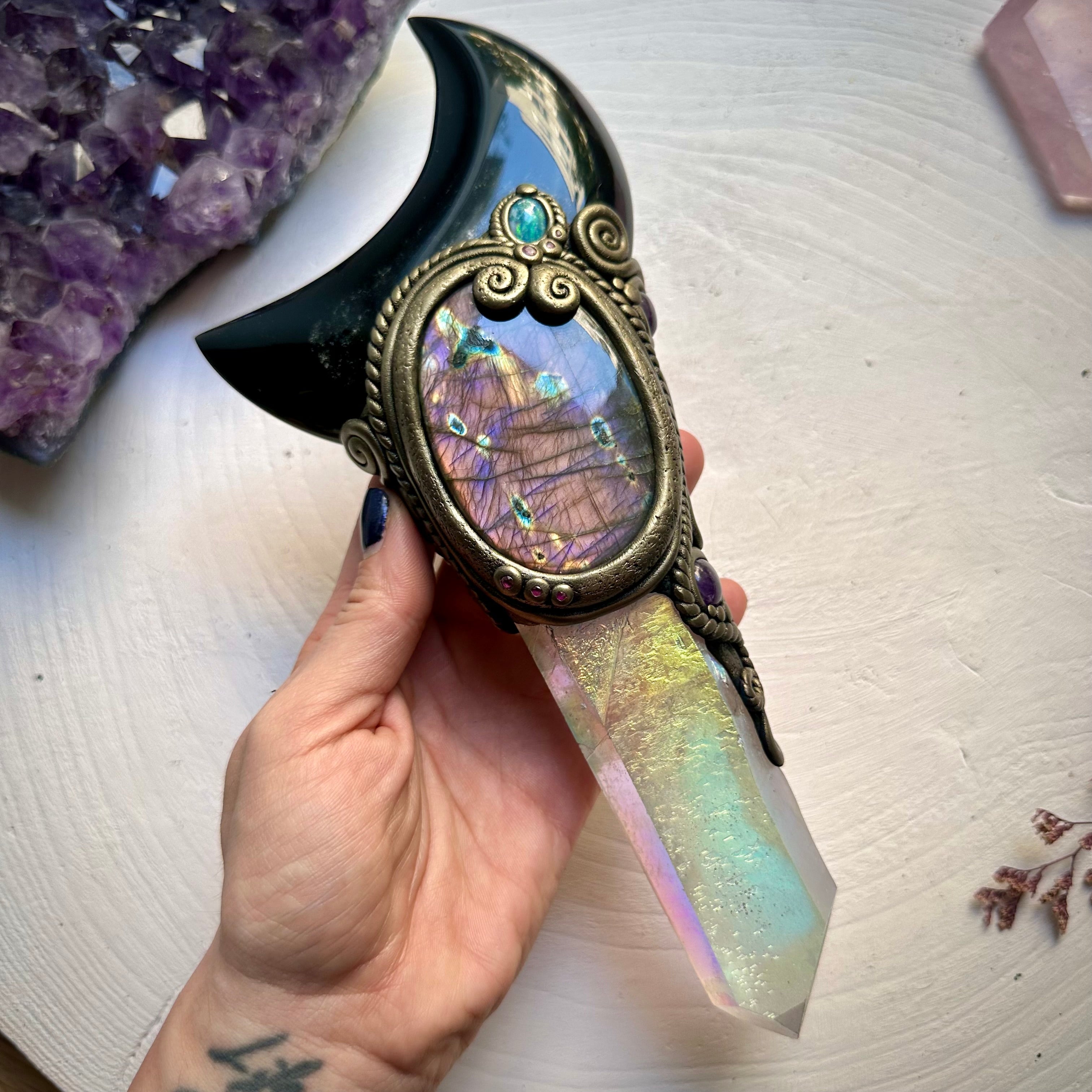 Large Angel Aura Quartz Black Obsidian Moon Labradorite Australian Opal Amethyst and Ruby Wand - FairyGardenGlow