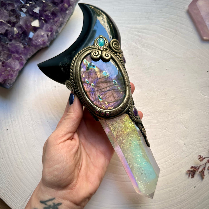 Large Angel Aura Quartz Black Obsidian Moon Labradorite Australian Opal Amethyst and Ruby Wand - FairyGardenGlow