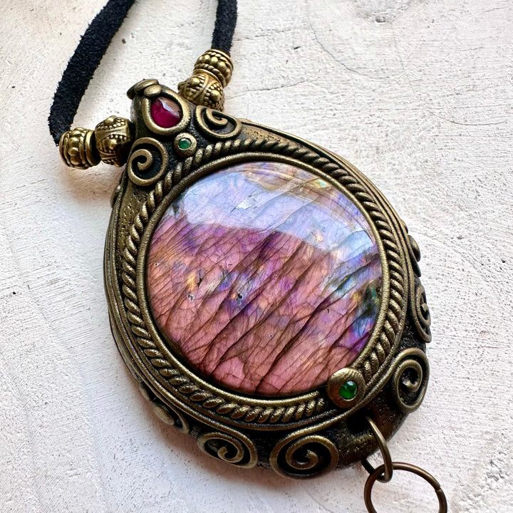 Elegant boho jewelry featuring Labradorite, Watermelon Tourmaline, Emerald and Rhodolite Garnet.
