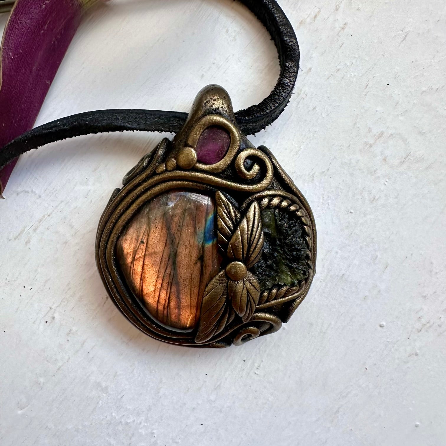 Labradorite Moldavite and Ruby Necklace - FairyGardenGlow