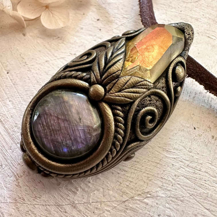 Labradorite and Sunset Aura Quartz Necklace - FairyGardenGlow