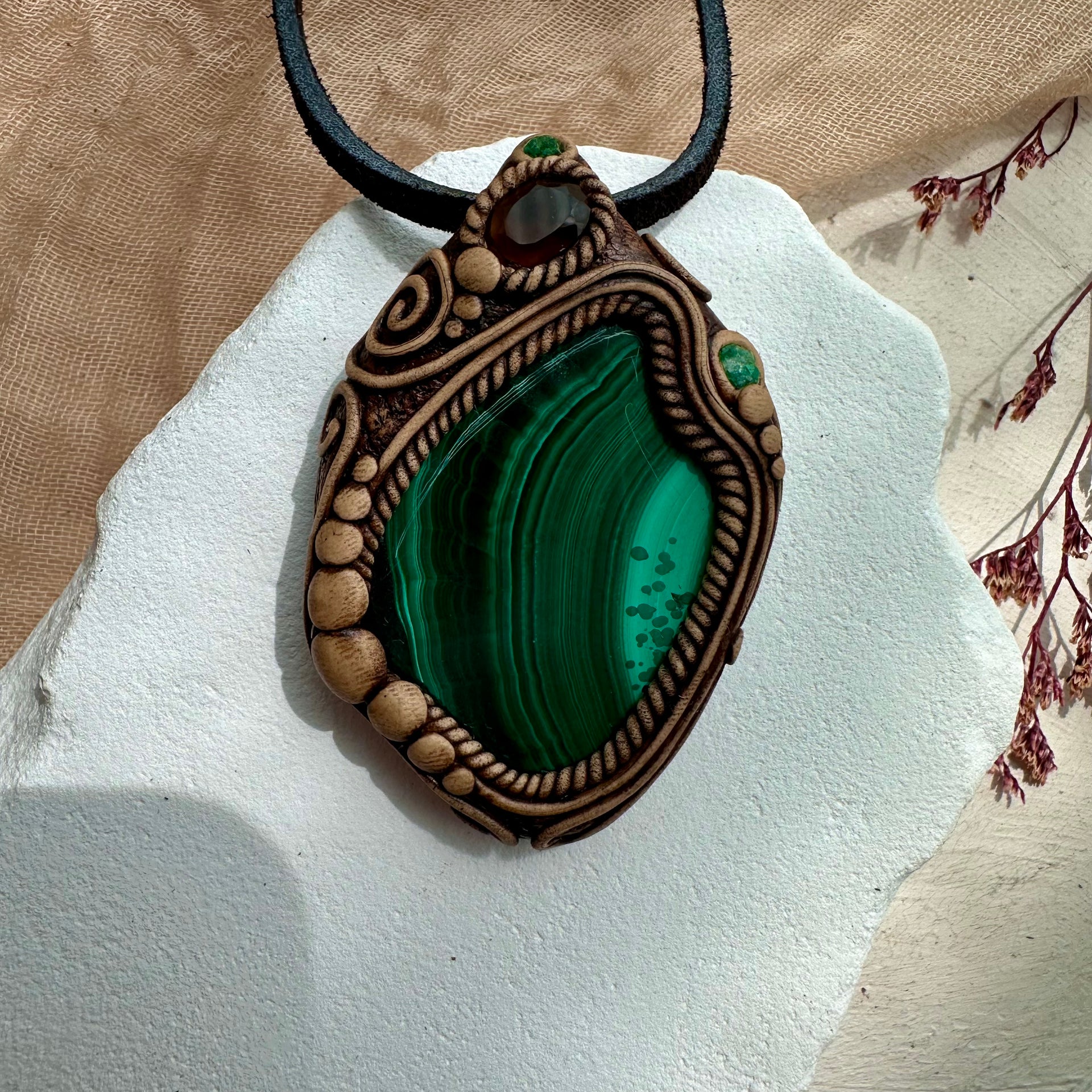 Malachite Smoky Quartz and Emerald Pendant